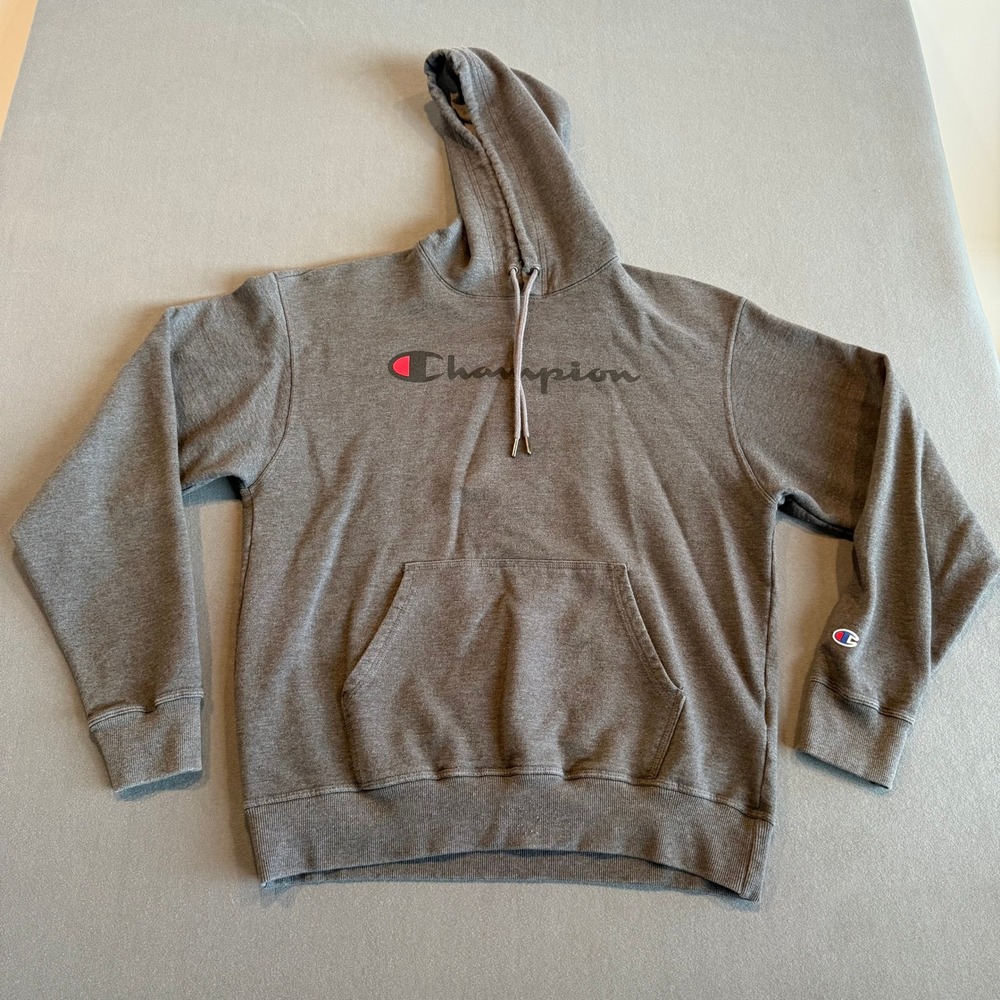 Champion Powerblend Men's L Gray Script Logo Pullover Fleece Hoodie GF89H